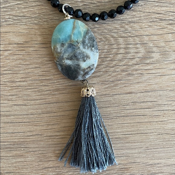 VINTAGE BOHO BLACK BEADED NECKLACE Long Tasseled Stone Pendant Opera Length - Picture 3 of 11